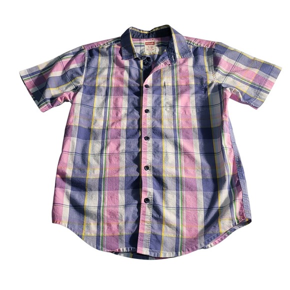 Wrangler Plaid Shirt‎ Short Sleeve Button Up Casual Pink Blue Yellow XL - Picture 1 of 6
